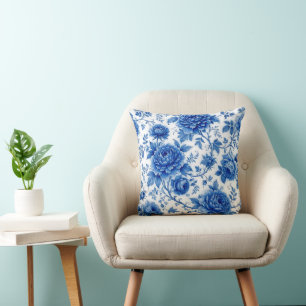 Cojín Decorativo Flores Azules Rosas Peonías Blancas Cobalto