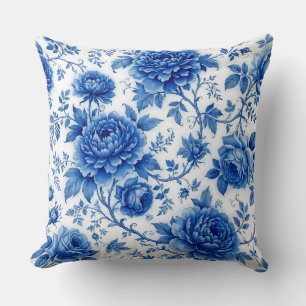 Cojín Decorativo Flores Azules Rosas Peonías Blancas Cobalto