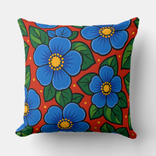 Cojín Decorativo Flores Azules y Hojas Verdes sobre un Fondo Rojo