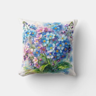 Cojín Decorativo Flores Azules y Rosadas de Nomeolvides Acuarela