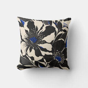 Cojín Decorativo Flores Bailarinas de Blanco y Negro Cobalto
