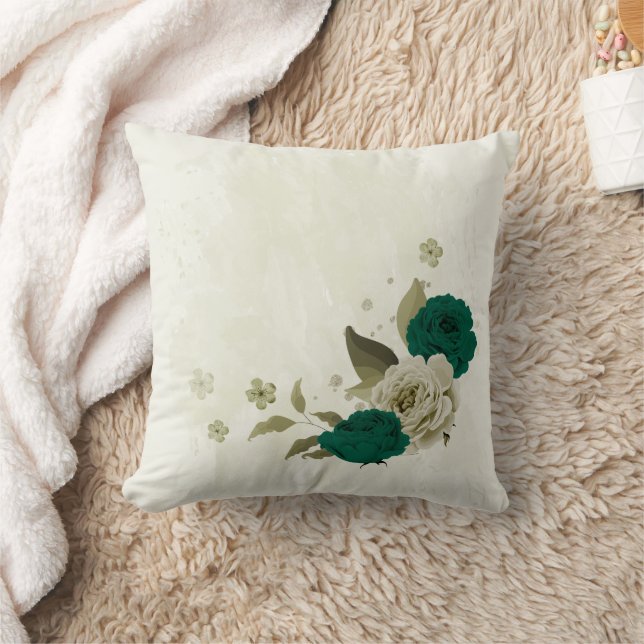 Cojín Decorativo flores beige verde esmeralda  (Manta)