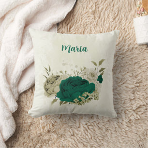 Cojín Decorativo flores beige verde esmeralda