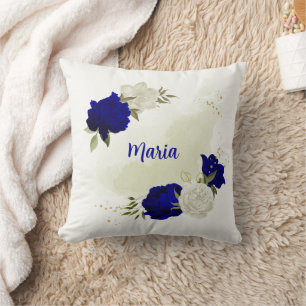 Cojín Decorativo flores blancas azul real hojas verdes
