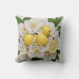 Cojín Decorativo Flores blancas, limones y hojas verdes sobre blanc
