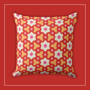 Cojín Decorativo Flores Blancas sobre Floral Geométrico Rojo y Melo