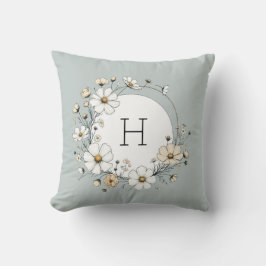 Cojín Decorativo Flores Boho Personalizadas Monograma Verde Salvia