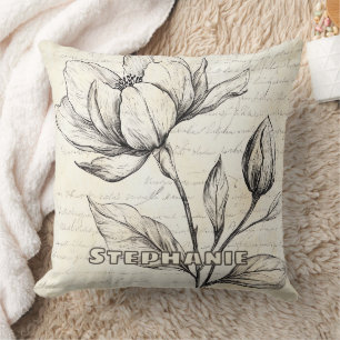 Cojín Decorativo Flores Botánicas Elegantes Sepia Escritura Vintage