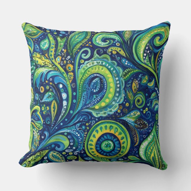Cojín Decorativo Flores caprichosas azul turquesa lima (Anverso)