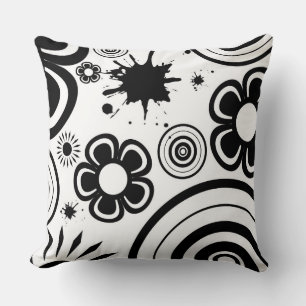 Cojín Decorativo Flores caprichosas en blanco y negro, círculos, sa