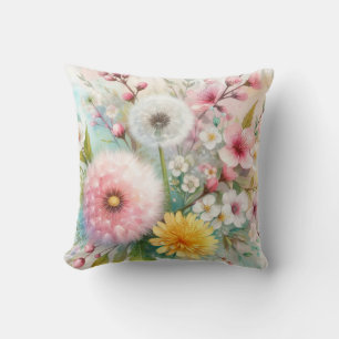 Cojín Decorativo Flores coloridas en tonos pastel suaves acuarela