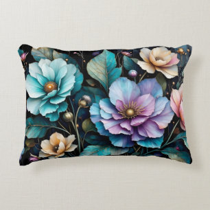 Cojín Decorativo Flores coloridas y hojas fondo negro