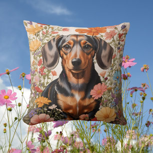 Cojín Decorativo Flores Cute Brown Dachshund Y Cosmos