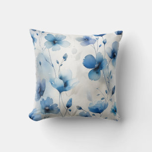 Cojín Decorativo Flores de acuarela de color blanco y azul elegante