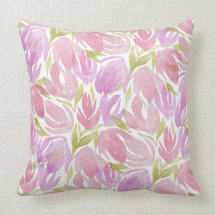 Cojín Decorativo Flores de Acuarela de Color Rosa Fucsia Púrpura Pa