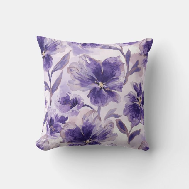 Cojín Decorativo Flores de Acuarela de Violetas Pintadas (Anverso)