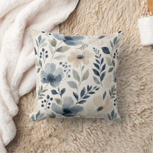 Cojín Decorativo Flores de Acuarela Elegantes Floral Azul Crema