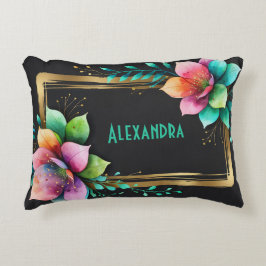 Cojín Decorativo Flores de Acuarela - Marco Dorado 34 + tu texto