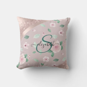 Cojín Decorativo Flores de Acuarela Monograma de Oro Rosa