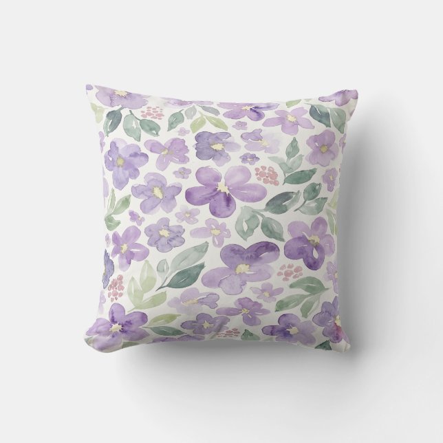 Cojín Decorativo Flores de Acuarela Moradas (Anverso)