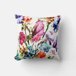Cojín Decorativo Flores de acuarela singulares con monograma