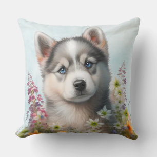 Cojín Decorativo Flores de acuarela y cachorro de Husky siberiano