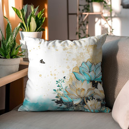 Cojín Decorativo Flores De Agua De Oro Y Verde azuladas De Mediano 