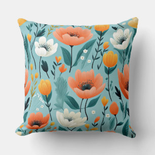 Cojín Decorativo Flores de arte coloridas-aqua, blanco, melocotón,