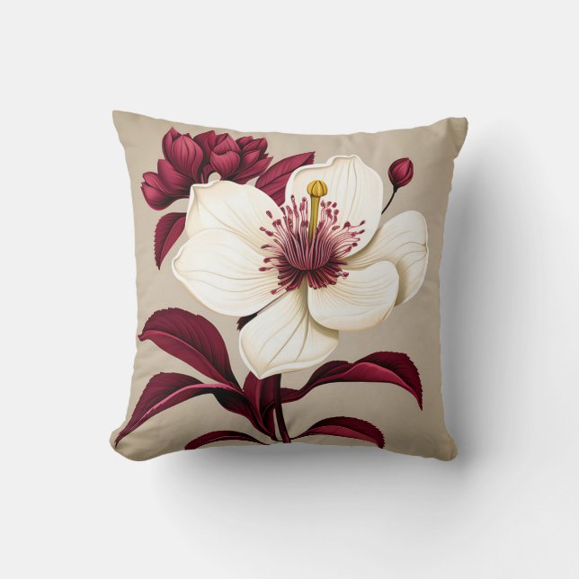 Cojín Decorativo Flores De Borgoña En Crema (Anverso)