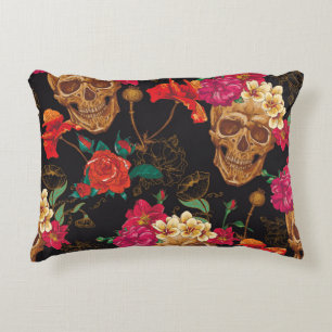 Cojín Decorativo Flores De Calavera: Fondo Oscuro Sin Marea.
