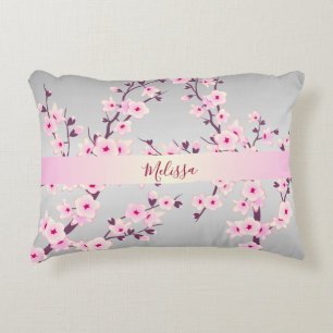 Cojín Decorativo Flores de Cerezo Floral Tu Nombre/Texto Rosa Gris
