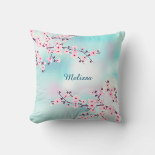 Cojín Decorativo Flores de Cerezo Fondo Turquesa