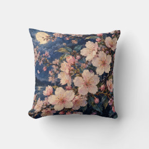 Cojín Decorativo Flores de cerezo rosadas a la luz de la luna Azul 