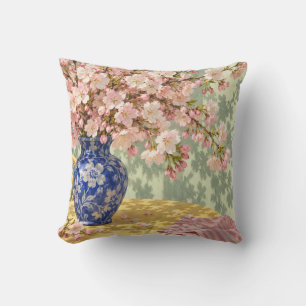 Cojín Decorativo Flores de cerezo rosadas Porcelana azul Estilo de