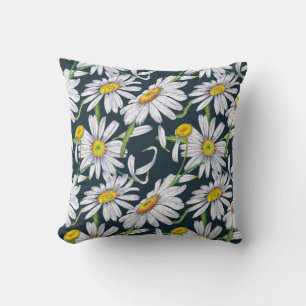 Cojín Decorativo Flores De Chamomile: Acuarela Azul Oscuro.