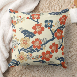 Cojín Decorativo Flores de ciruela Ume japonesas crema ola azul mar