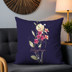 Cojín Decorativo Flores de color de agua elegantes y simples azul o