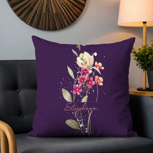 Cojín Decorativo Flores de color de agua simple elegante Plum Purpl