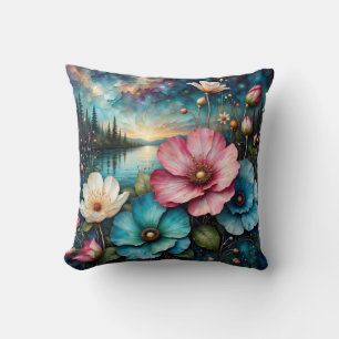 Cojín Decorativo Flores de Cosmos rojas blancas y azules, Paisaje
