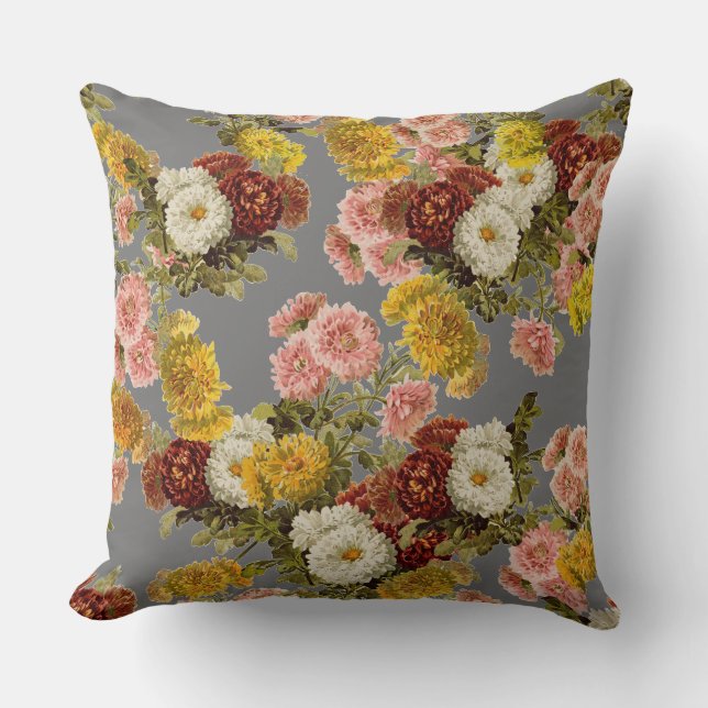 Cojín Decorativo Flores de crisantemo ventilado en gris (Anverso)