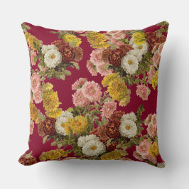 Cojín Decorativo Flores de crisantemo vintage sobre rojo borgoñés