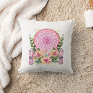 Cojín Decorativo Flores de Cristal Mandala Rosa Acuarela Boho Throw