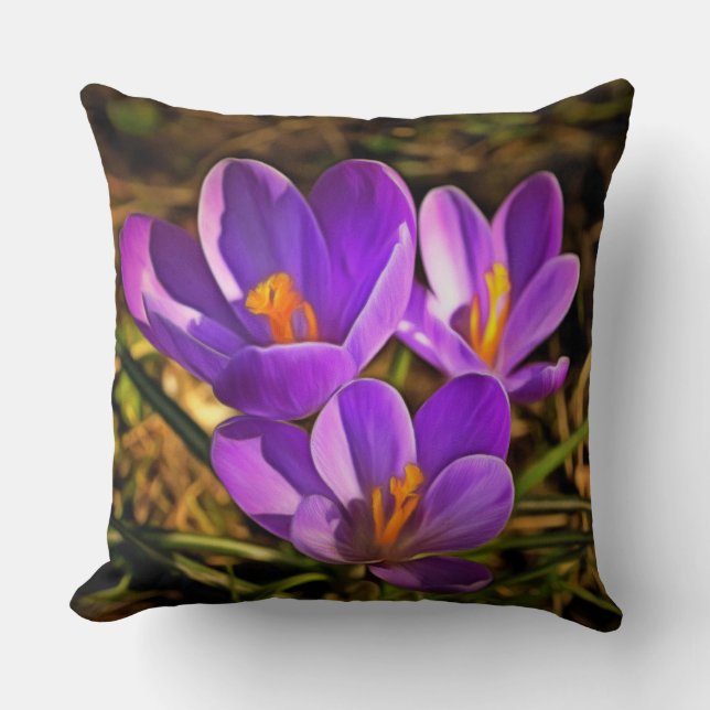 Cojín Decorativo Flores de crocus violetas primer plano acogedor (Anverso)