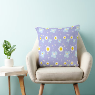 Cojín Decorativo Flores De Daisy Pastel Azul Blanco Sobre Lavanda