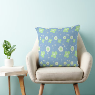 Cojín Decorativo Flores De Daisy Pastel Blanco Verde Sobre Azul Pas