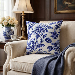 Cojín Decorativo Flores de Dalia Azules y Blancas Toile de Jouy