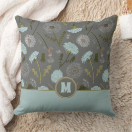 Cojín Decorativo Flores de Dandelion monogramadas azul gris