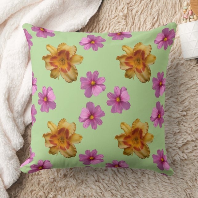 Cojín Decorativo Flores De Daylilies Y Cosmos En Fondo Verde (Manta)