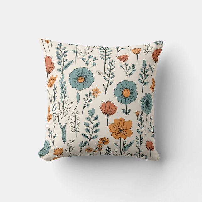 Cojín Decorativo Flores de Doodle Retro Patrones Botánicos Florales (Anverso)
