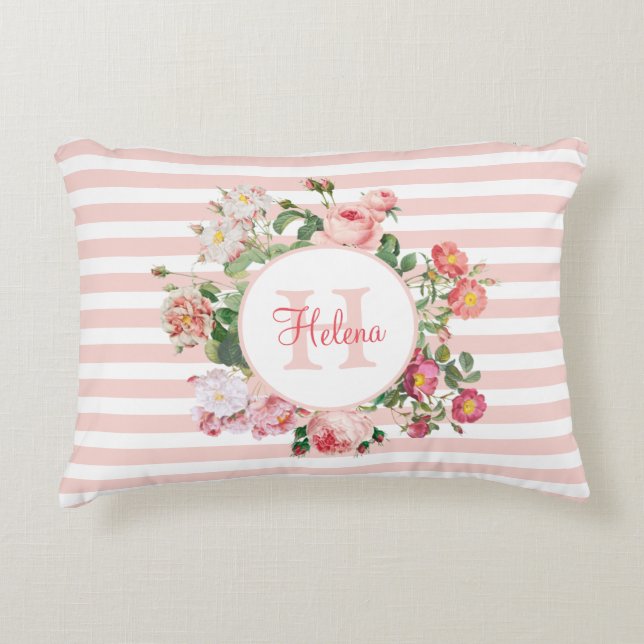 Cojín Decorativo Flores de época Bandas rosas Monograma (Anverso)